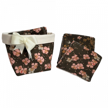 Panière & Lingettes lavables, Coton et éponge bambou, Moyen format, Modèle Fleurs de cerisier kaki